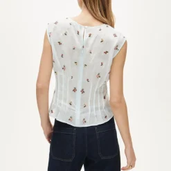 Pintuck shell top in ramie with embroidered florals
