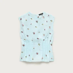 Pintuck shell top in ramie with embroidered florals