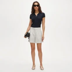 Pleated trouser short in striped stretch linen blend