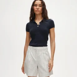 Pleated trouser short in striped stretch linen blend