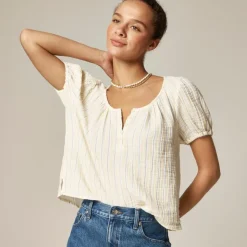Puff-sleeve henley in striped gauze