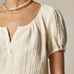 Puff-sleeve henley in striped gauze