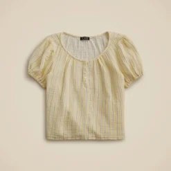 Puff-sleeve henley in striped gauze