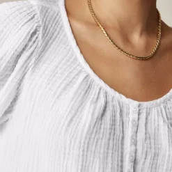 Puff-sleeve henley top in gauze