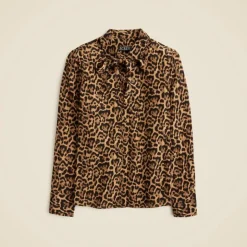 Removable tie-neck button-up shirt in leopard crepe de chine