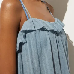 Ruffle maxi dress in cotton voile with Lurex® metallic threads