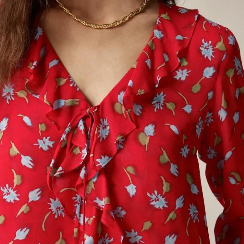 Ruffle tie-front top in chiffon