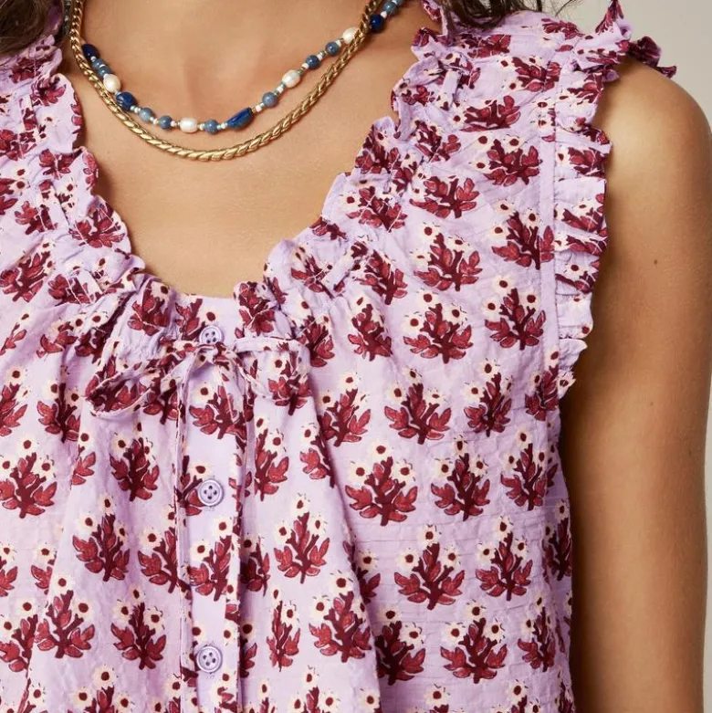 Ruffle-trim button-up top in block print
