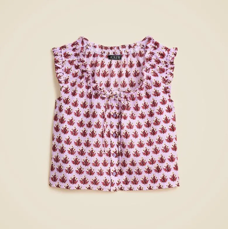 Ruffle-trim button-up top in block print