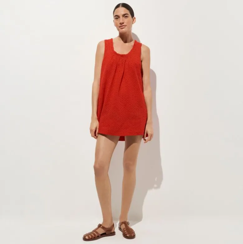 Ruffle-trim scoopneck eyelet mini dress