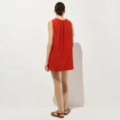 Ruffle-trim scoopneck eyelet mini dress
