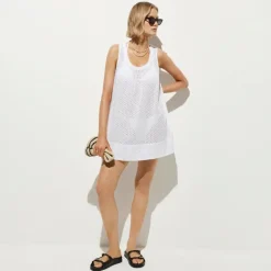 Ruffle-trim scoopneck eyelet mini dress