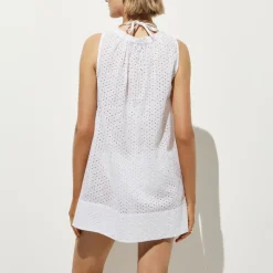 Ruffle-trim scoopneck eyelet mini dress