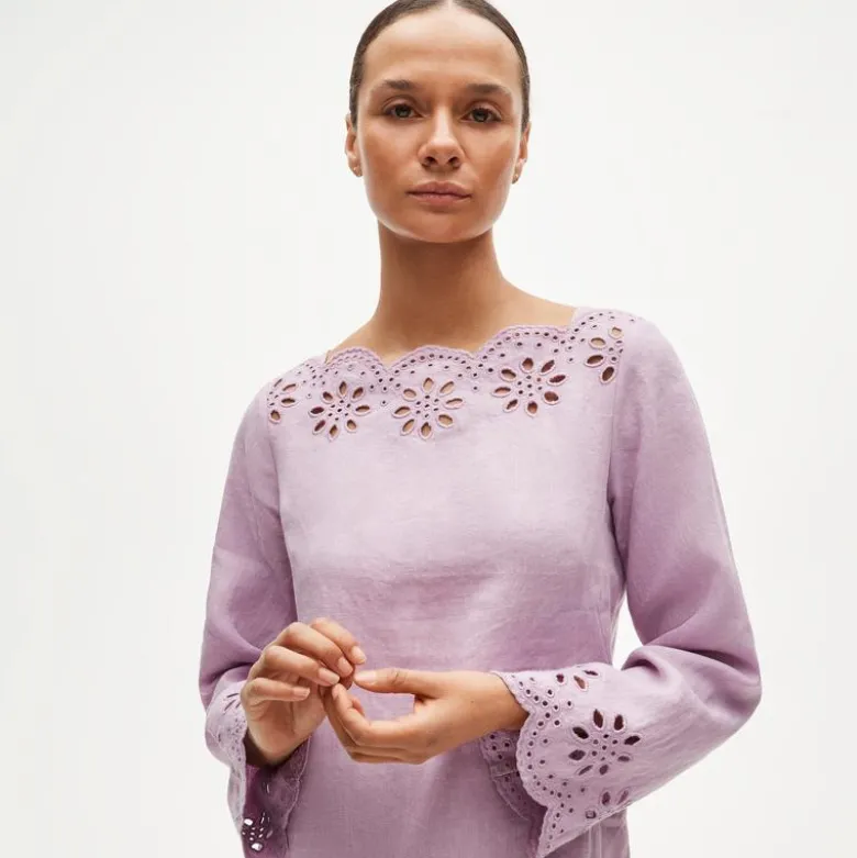 Scallop-trim eyelet popover dress