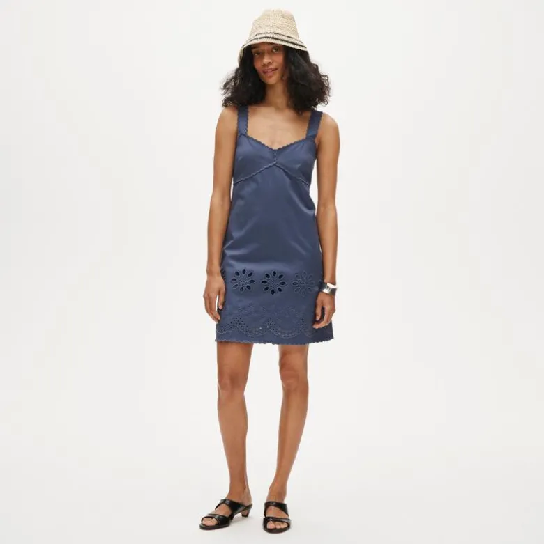 Scallop-trim mini dress in washed twill
