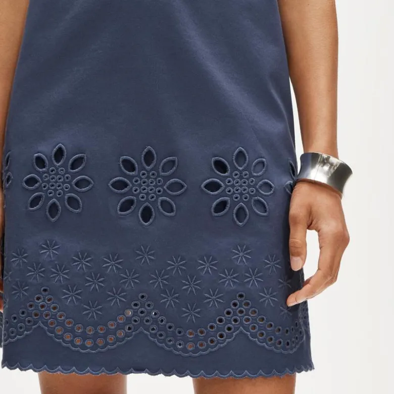 Scallop-trim mini dress in washed twill