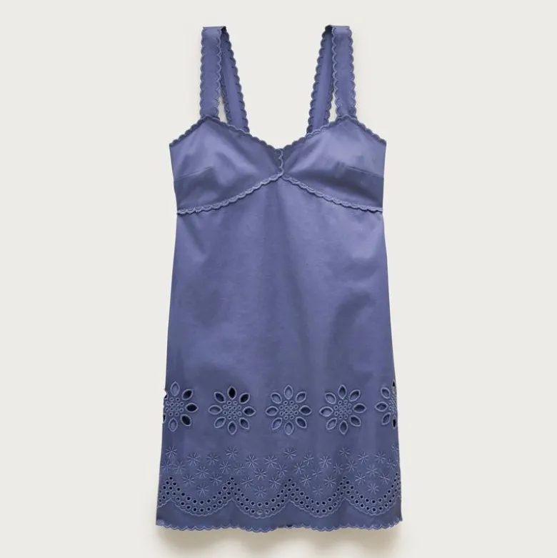 Scallop-trim mini dress in washed twill