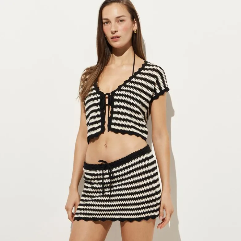 Scallop-trim tie-front crochet top in stripe