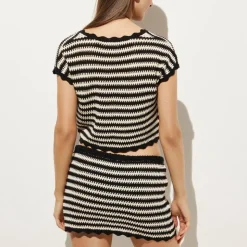Scallop-trim tie-front crochet top in stripe