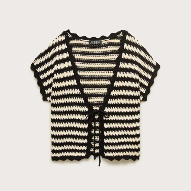 Scallop-trim tie-front crochet top in stripe