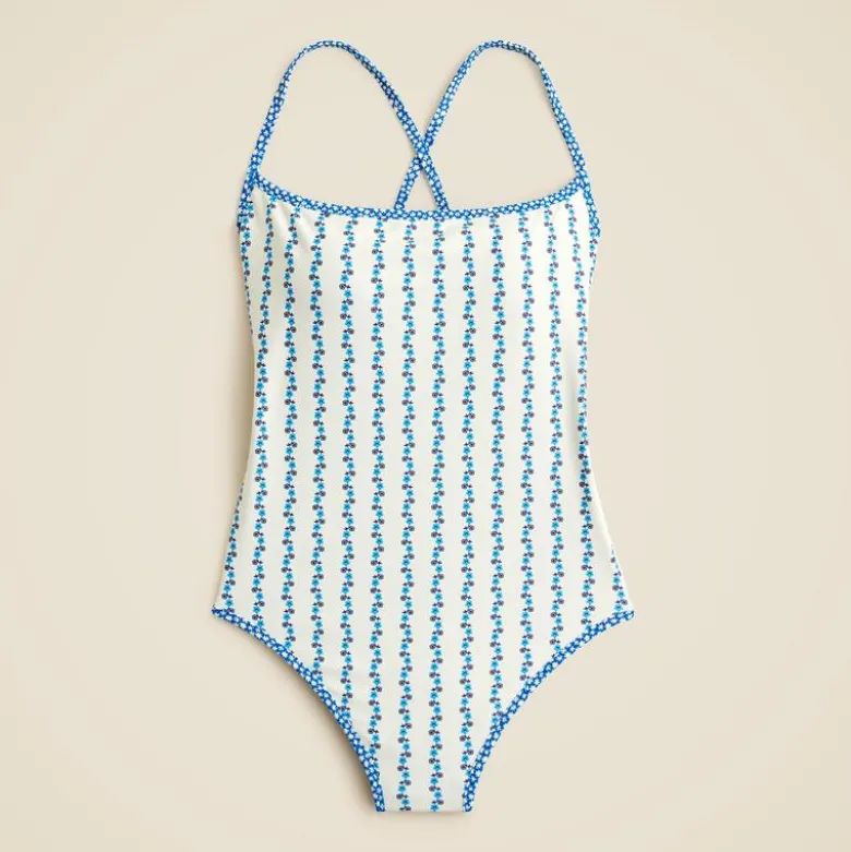 Scoopback one-piece swimsuit in floral-stripe print