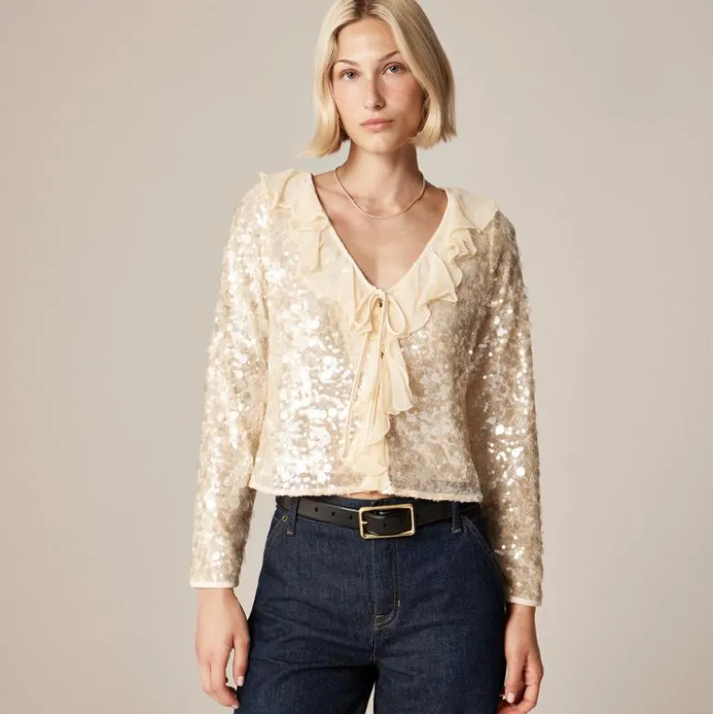 Sequin ruffle-trim shirt with ties