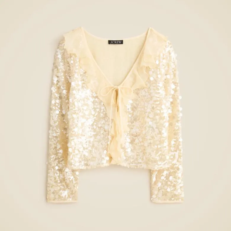 Sequin ruffle-trim shirt with ties