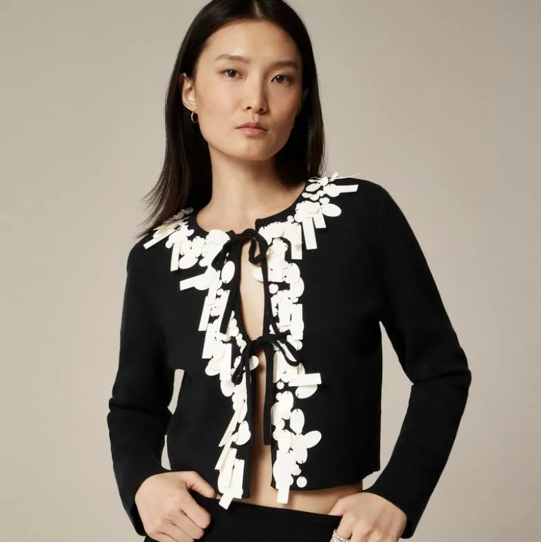 Sequin tie-front cardigan in merino wool