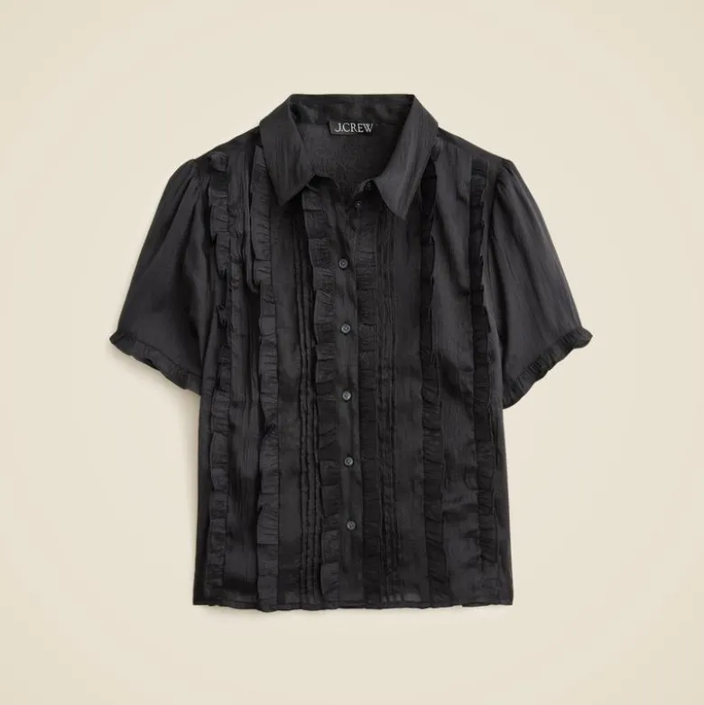 Sheer ruffle-trim button-up top