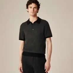 Short-sleeve cashmere sweater-polo in bird's-eye