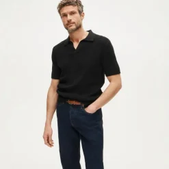 Short-sleeve cotton waffle-knit johnny-collar sweater-polo
