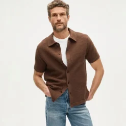Short-sleeve cotton waffle-knit polo cardigan sweater