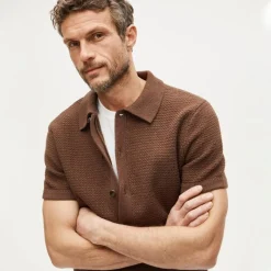 Short-sleeve cotton waffle-knit polo cardigan sweater