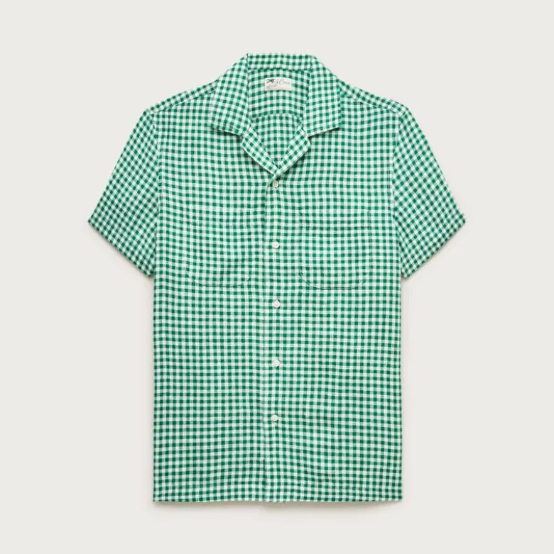 Short-sleeve linen camp-collar shirt in gingham