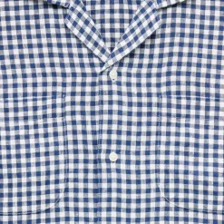 Short-sleeve linen camp-collar shirt in gingham