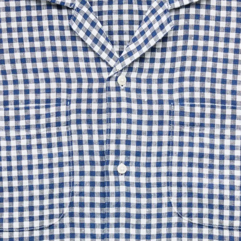 Short-sleeve linen camp-collar shirt in gingham