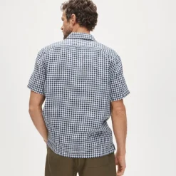Short-sleeve linen camp-collar shirt in gingham