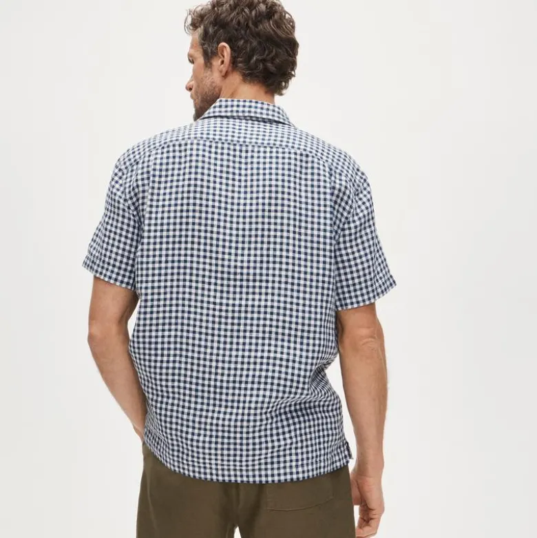 Short-sleeve linen camp-collar shirt in gingham