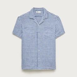 Short-sleeve linen camp-collar shirt in gingham