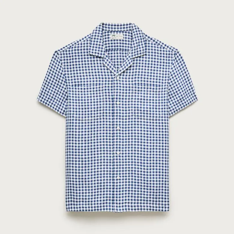 Short-sleeve linen camp-collar shirt in gingham