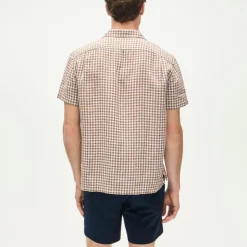 Short-sleeve linen camp-collar shirt in gingham