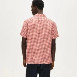 Short-sleeve linen camp-collar shirt in gingham