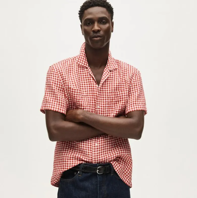 Short-sleeve linen camp-collar shirt in gingham