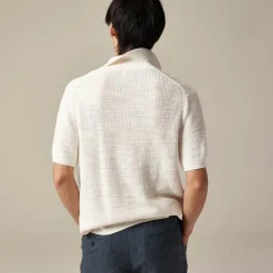 Short-sleeve linen-cotton blend johnny-collar sweater-polo