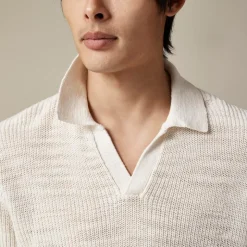 Short-sleeve linen-cotton blend johnny-collar sweater-polo