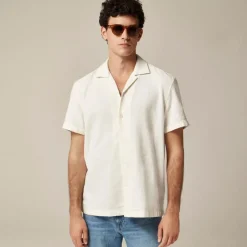Short-sleeve textured cotton camp-collar shirt
