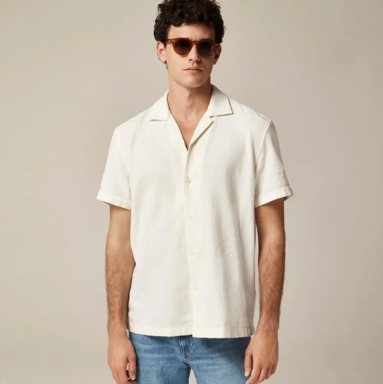 Short-sleeve textured cotton camp-collar shirt