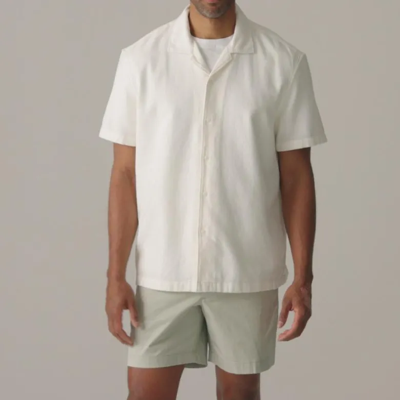Short-sleeve textured cotton camp-collar shirt