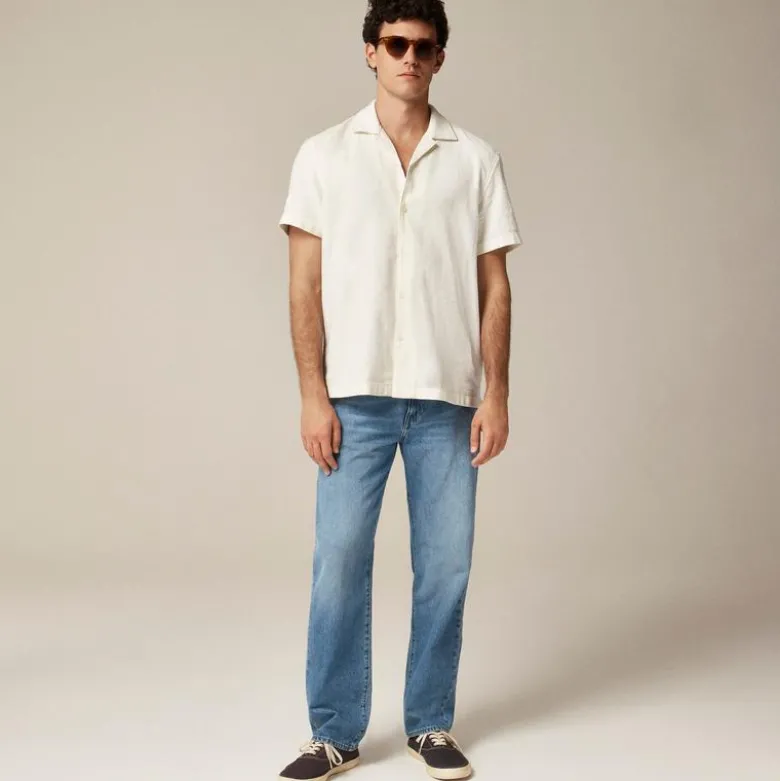 Short-sleeve textured cotton camp-collar shirt