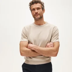 Short-sleeve tipped crewneck sweater in Pima cotton